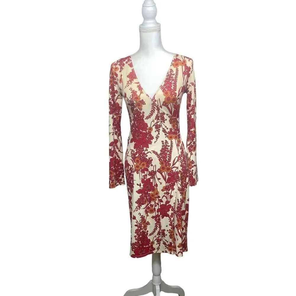 To the Max Red Cream Orange Floral Long Sleeve Semi Wrap Dress Womens Size Small